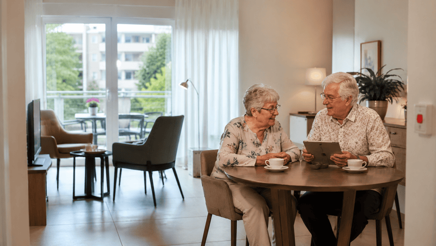Senioren in een moderne assistentiewoning met ruimte voor sociaal contact