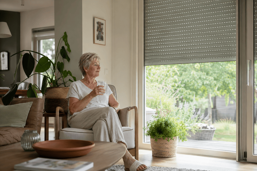 Oudere vrouw geniet van een glas water in een koele woonkamer met gesloten zonwering
