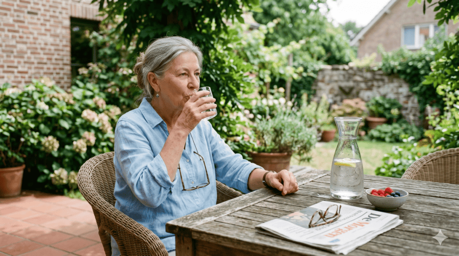 Senior vrouw drinkt water in een rustige tuin op een warme dag